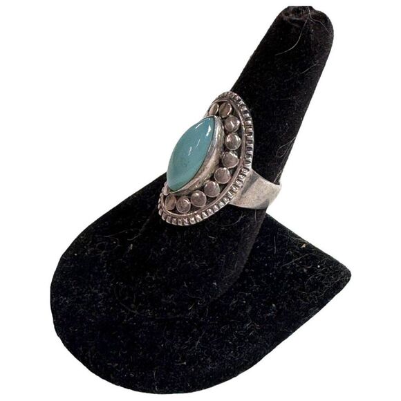 Vintage Sterling Silver Oval Turquoise Ring Beaded Statement Size 7.5 Southwest - Picture 2 of 6